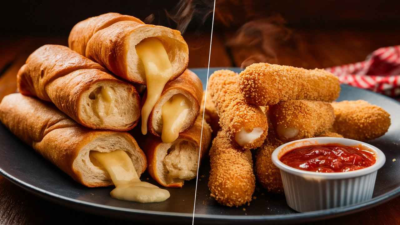 Cheese sticks and mozzarella sticks comparison on plates