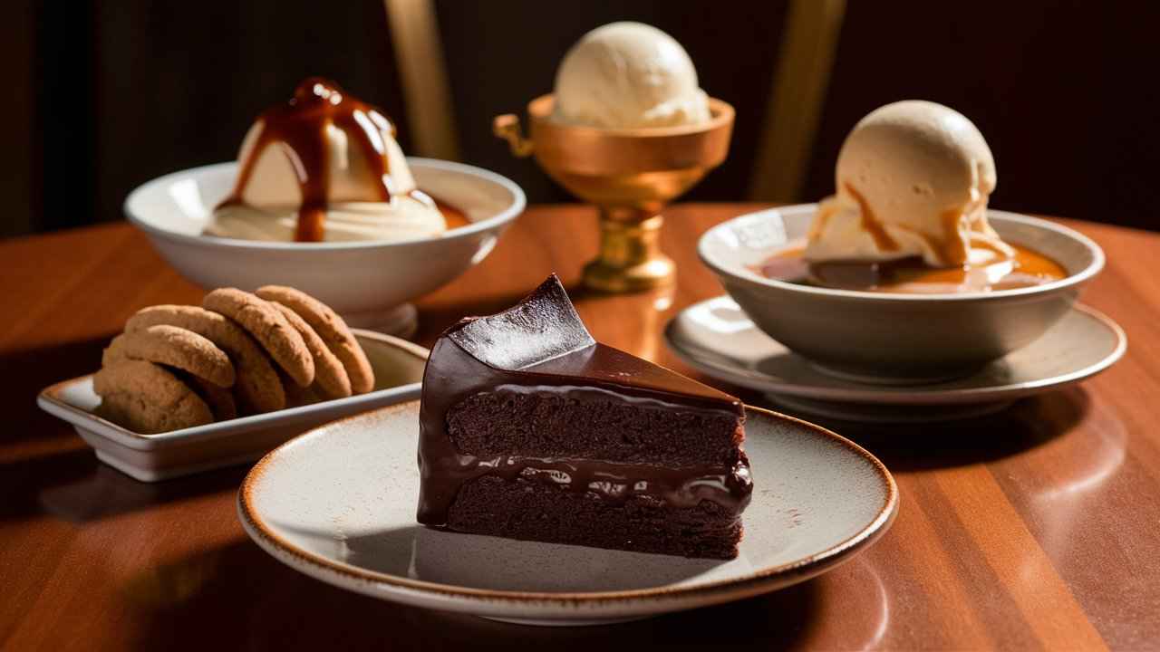 .A table showcasing the 4 major types of desserts: a cake, cookies, custard, and ice cream, each presented in a stylish way.