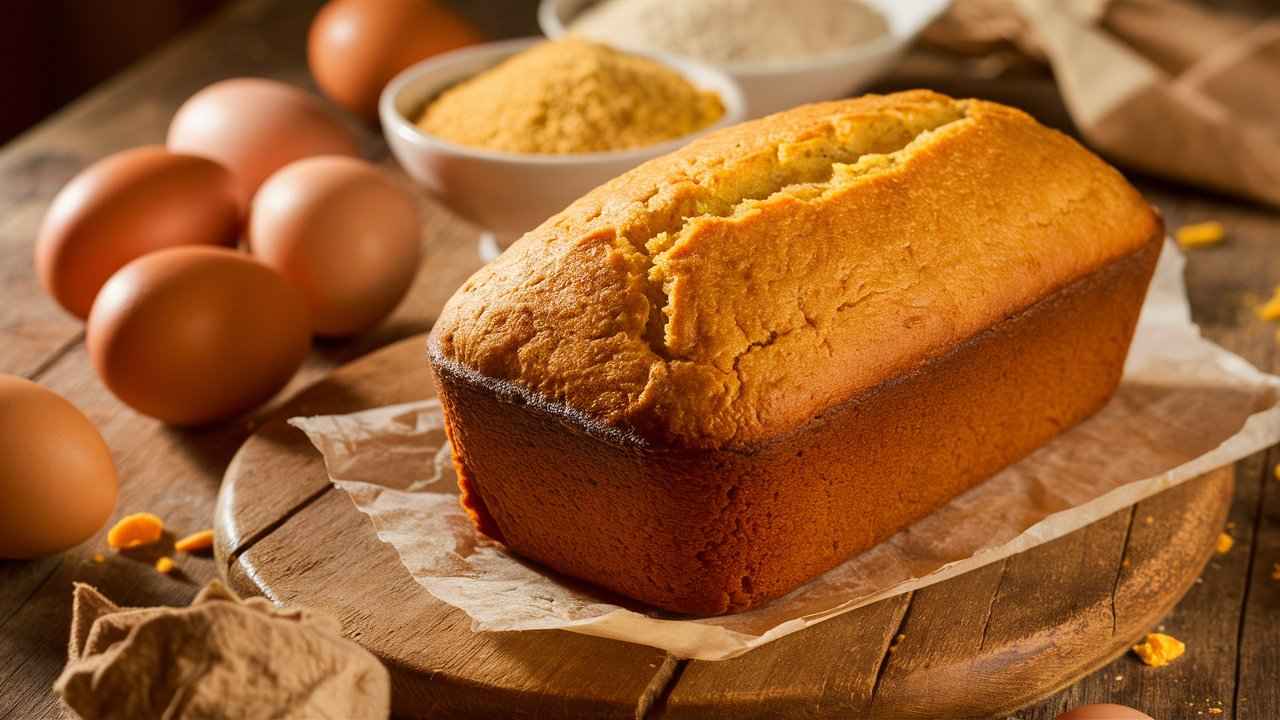 Golden cornbread loaf with ingredients on a wooden table.