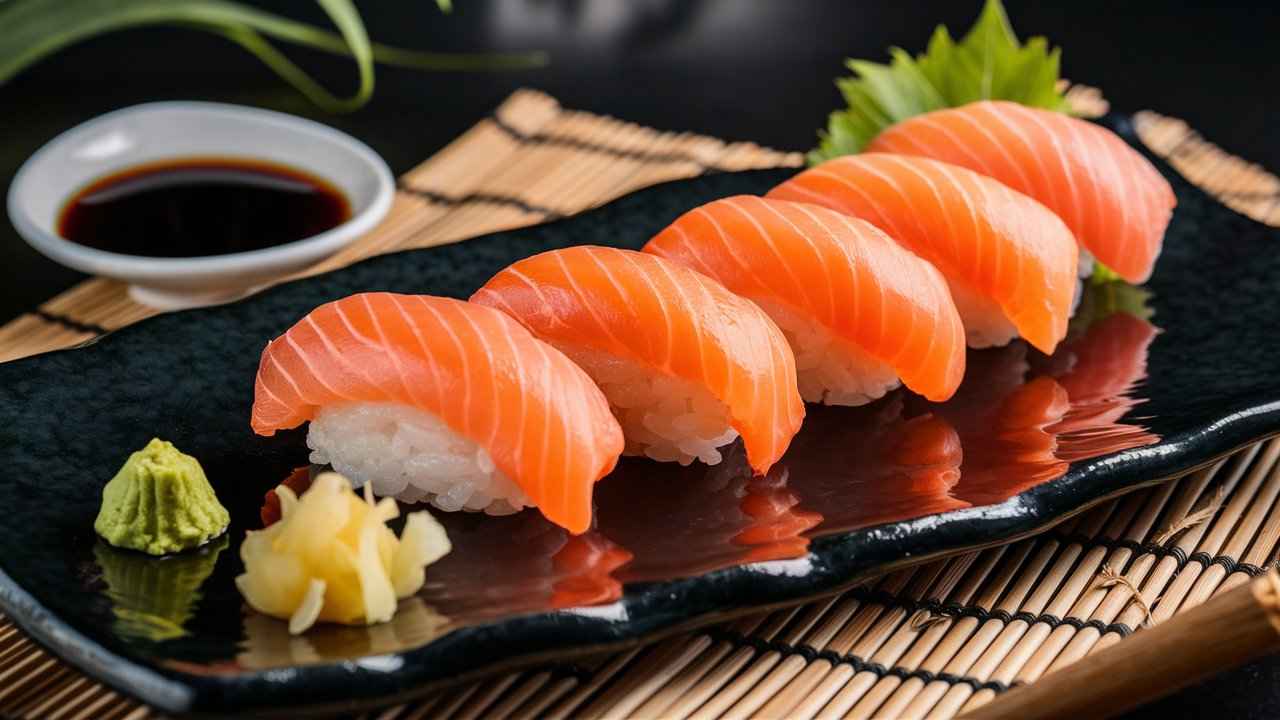 "Classic salmon nigiri plated with soy sauce, wasabi, and pickled ginger on a black plate."