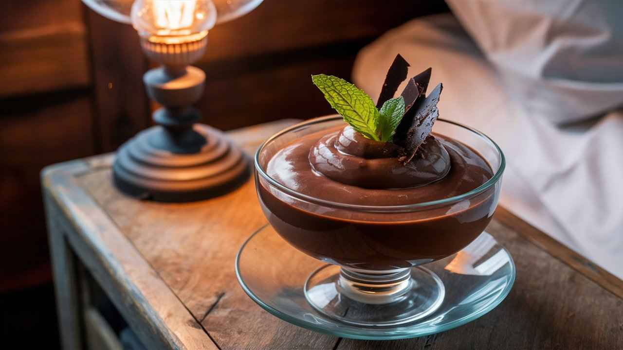 Chocolate protein pudding on a bedside table with mint garnish