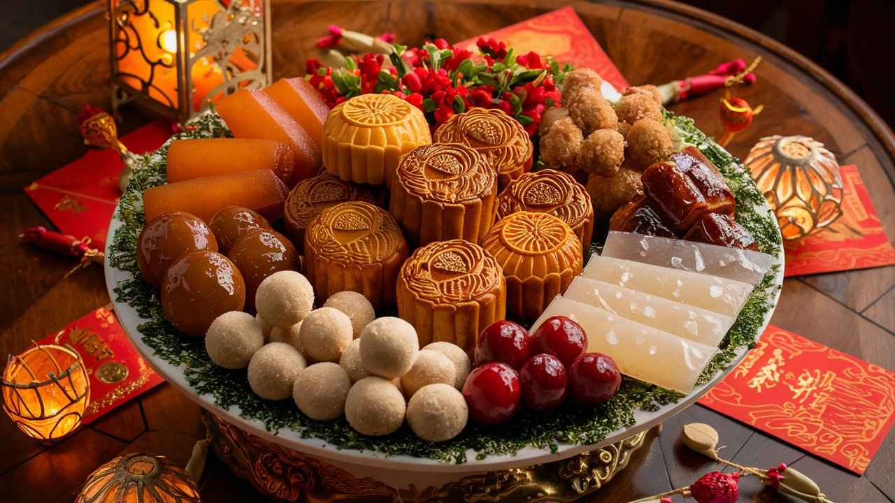 A variety of Chinese desserts, including mooncakes, sesame balls, and tangyuan, arranged on a decorative plate.