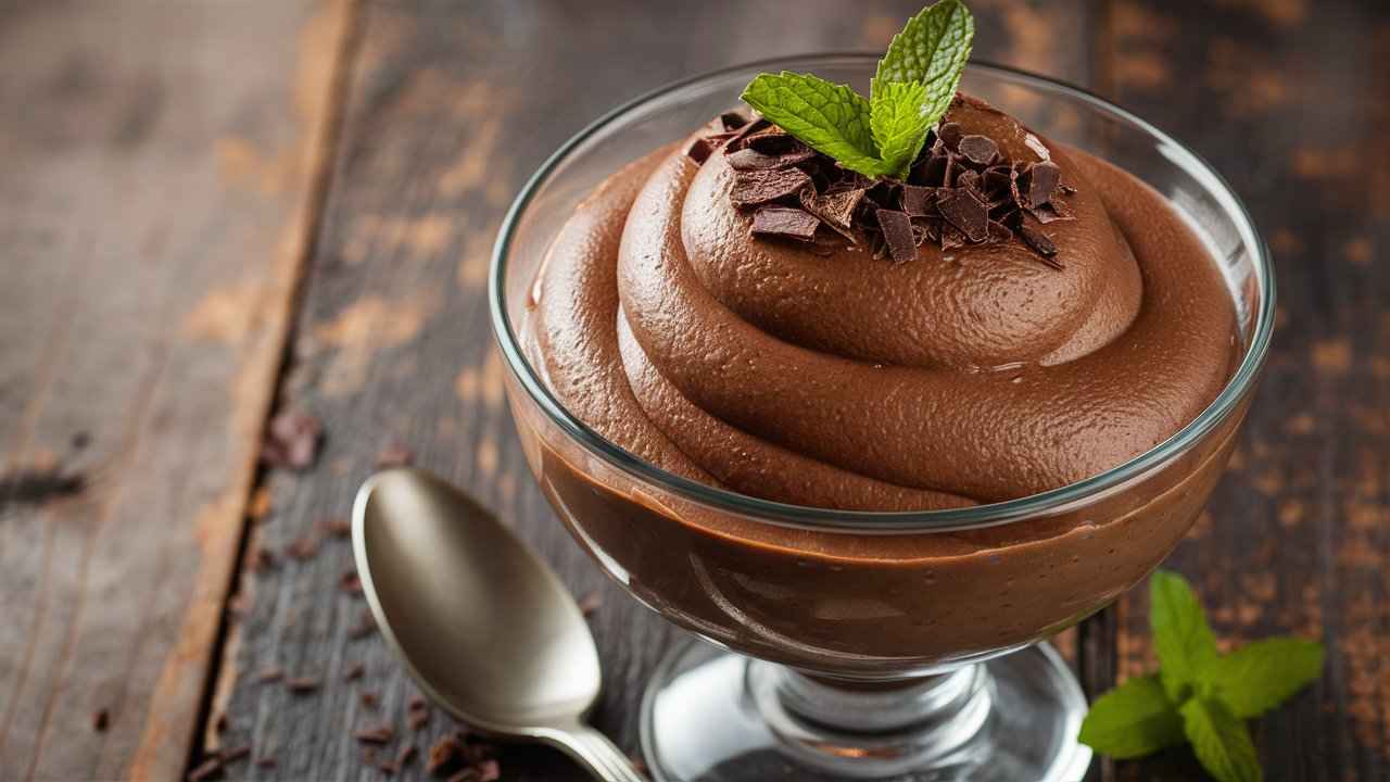 Creamy chocolate protein pudding with mint garnish