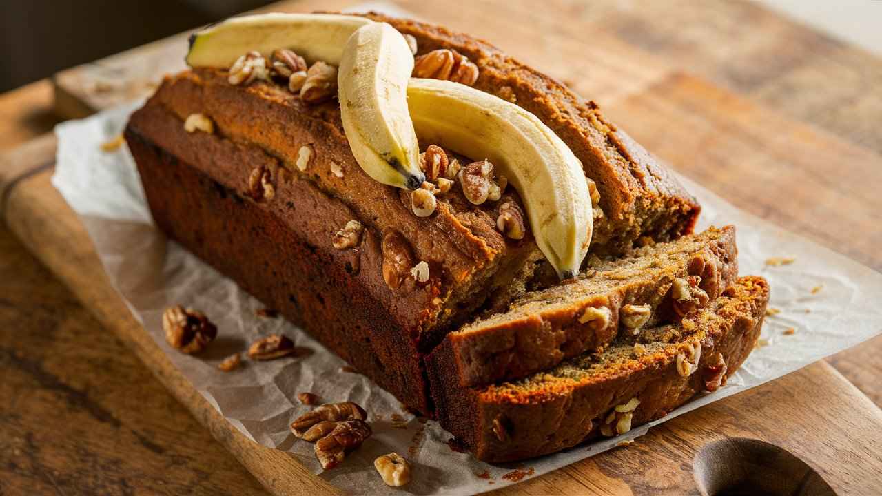 Ultimate banana bread loaf freshly baked, with a golden-brown crust and sliced pieces on a rustic wooden table, accompanied by a cup of coffee, ripe bananas, and baking ingredients