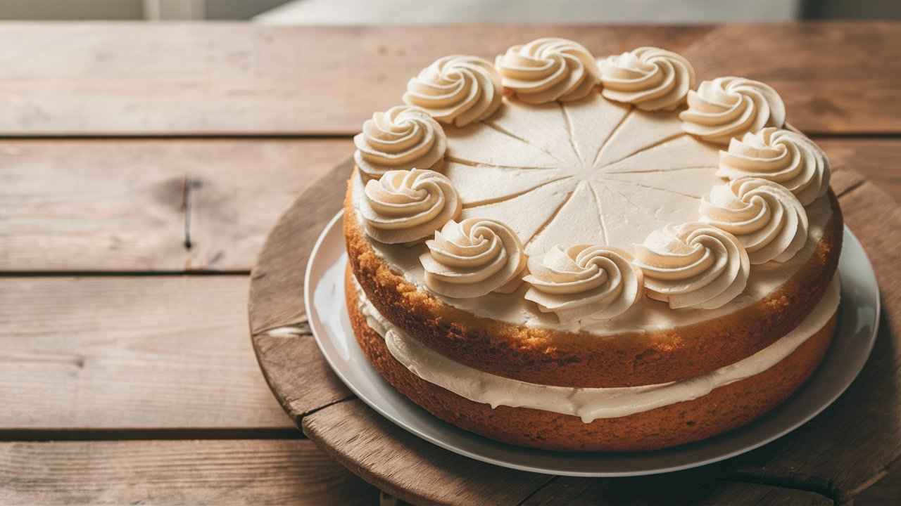 A beautifully frosted Mary Jane cake on a rustic table