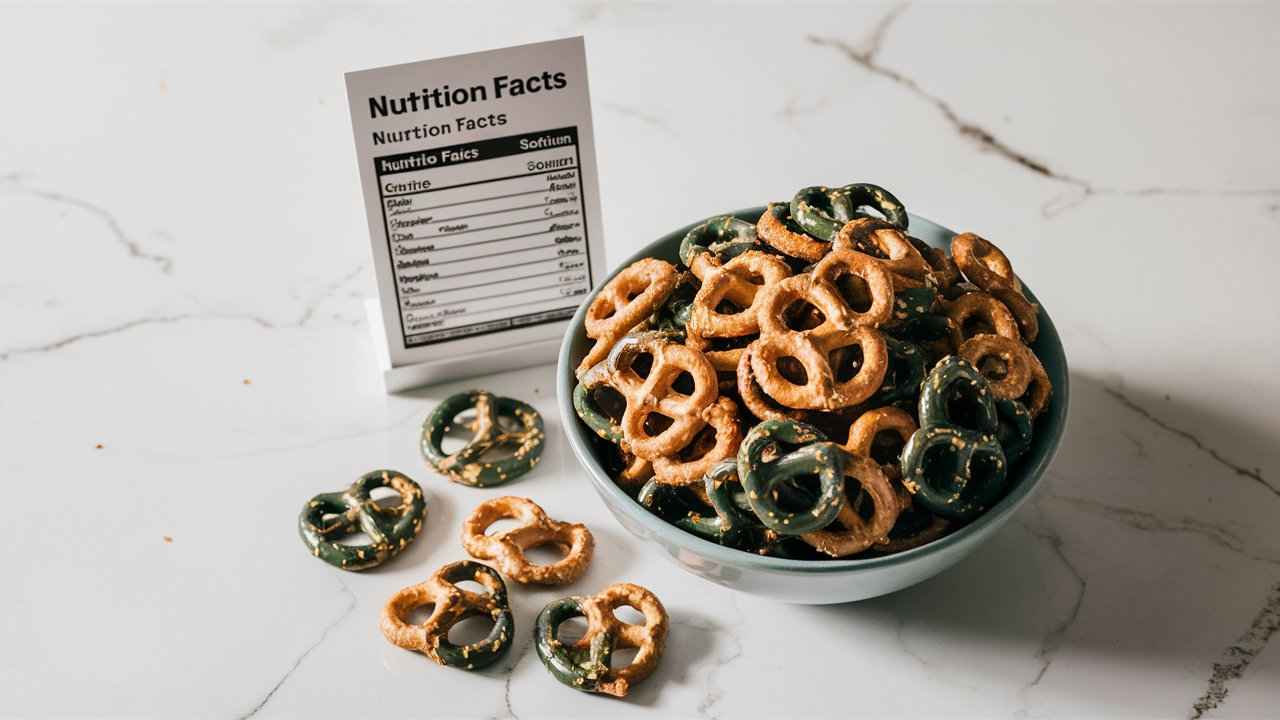 A nutrition facts label for peanut butter pretzels displayed alongside a bowl of the snack