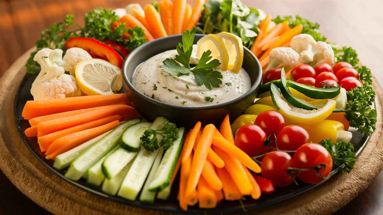 A crudité platter with carrots, cucumbers, bell peppers, cherry tomatoes, and ranch dip, presented on a rustic wooden board