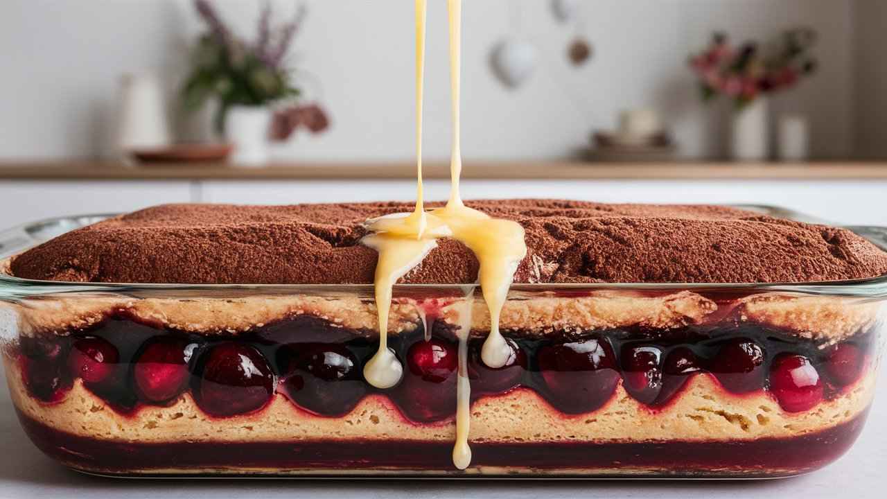 Dump cake ingredients layered neatly in a baking dish.