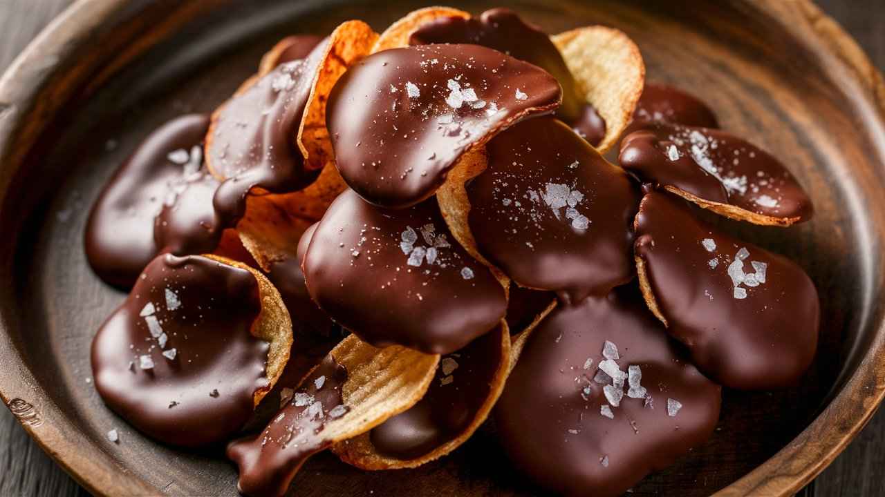 Chocolate-covered potato chips with a sprinkle of sea salt