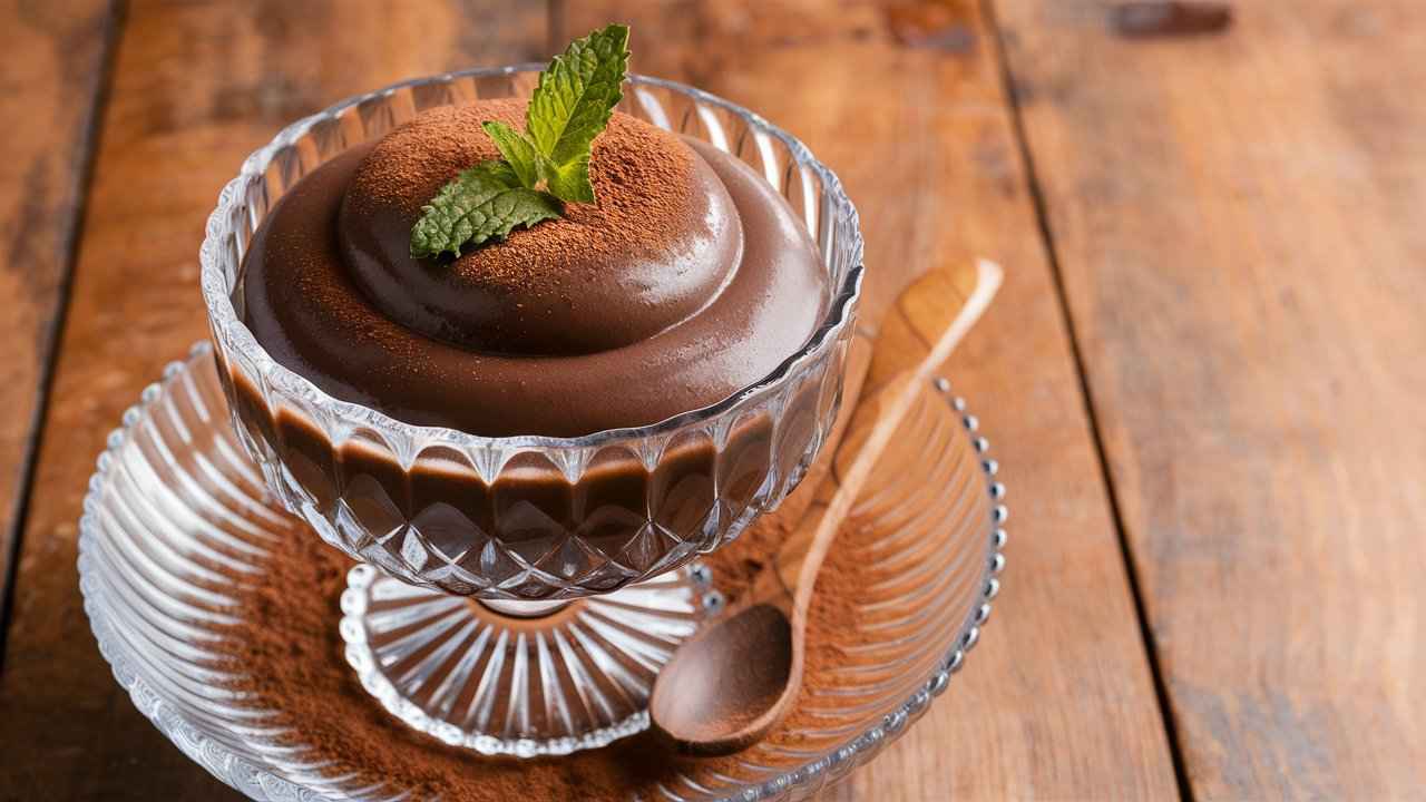 Classic chocolate protein pudding garnished with mint.