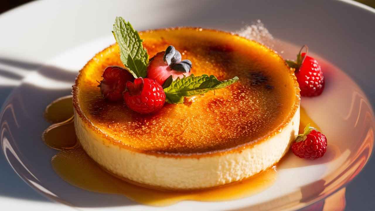 A beautifully presented crème brûlée with berries and mint.