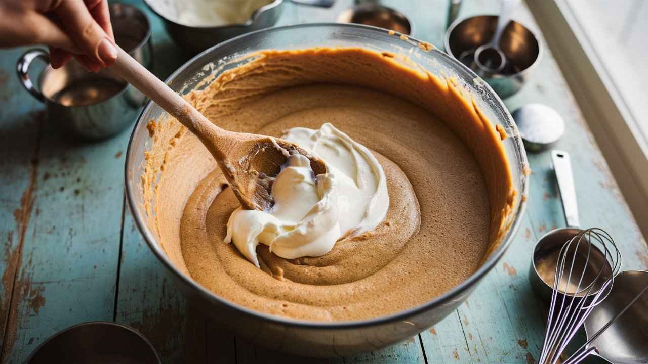 A bowl of cake batter with sour cream being mixed in