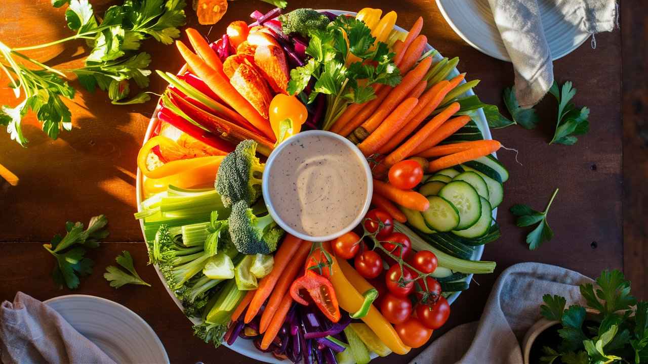 "Overhead view of a colorful vegetable tray with fresh carrots, cherry tomatoes, cucumbers, bell peppers, broccoli, celery, and a bowl of ranch dip."