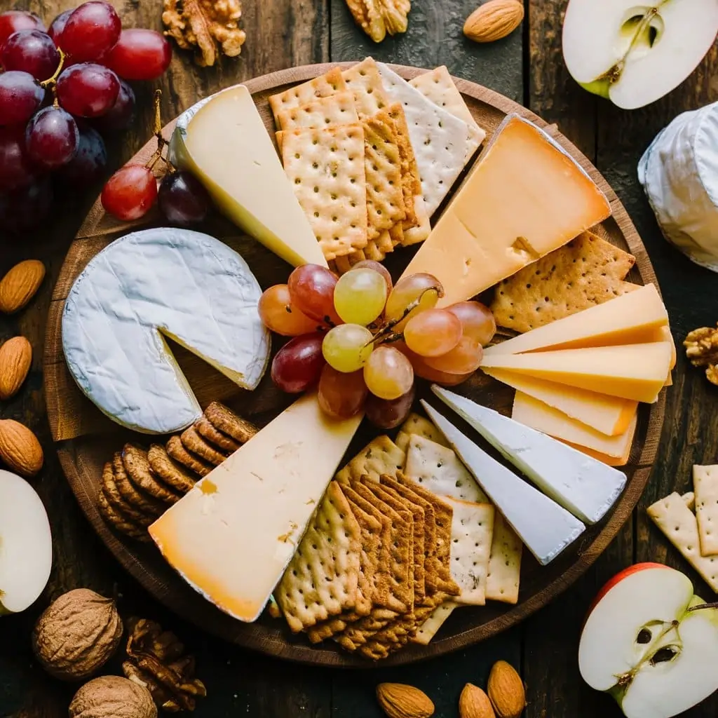 A rustic wooden board featuring a cheese and cracker tray with Brie, cheddar, Gouda, assorted crackers, fresh fruits like grapes and apples, and scattered nuts.