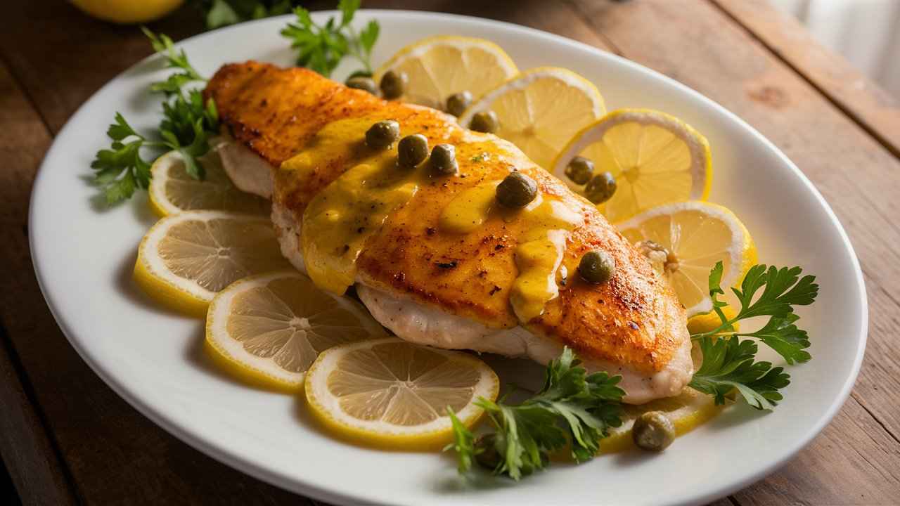 "Chicken Piccata drizzled with lemon butter sauce, garnished with capers, parsley, and lemon slices on a white plate