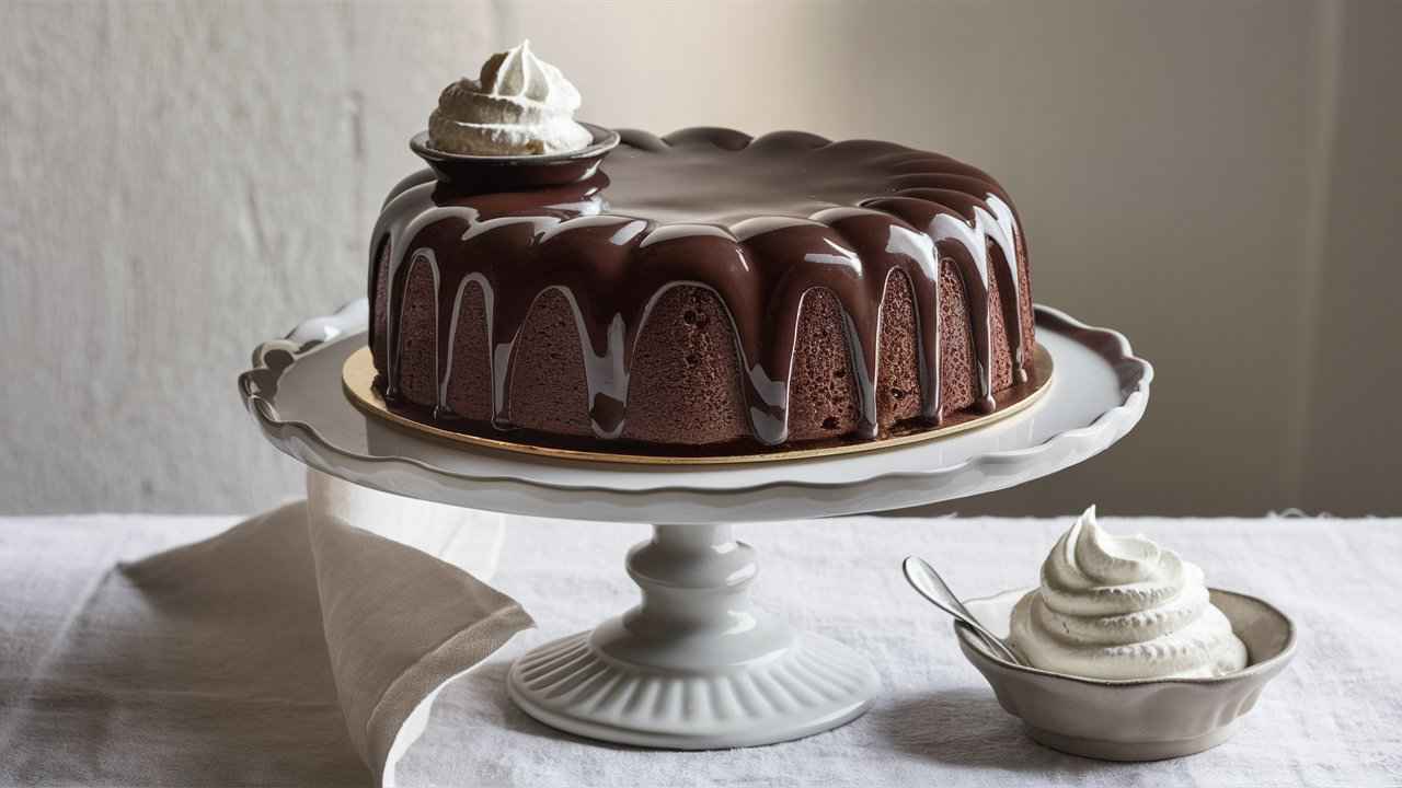 A whole Sachertorte displayed with glossy chocolate glaze and whipped cream