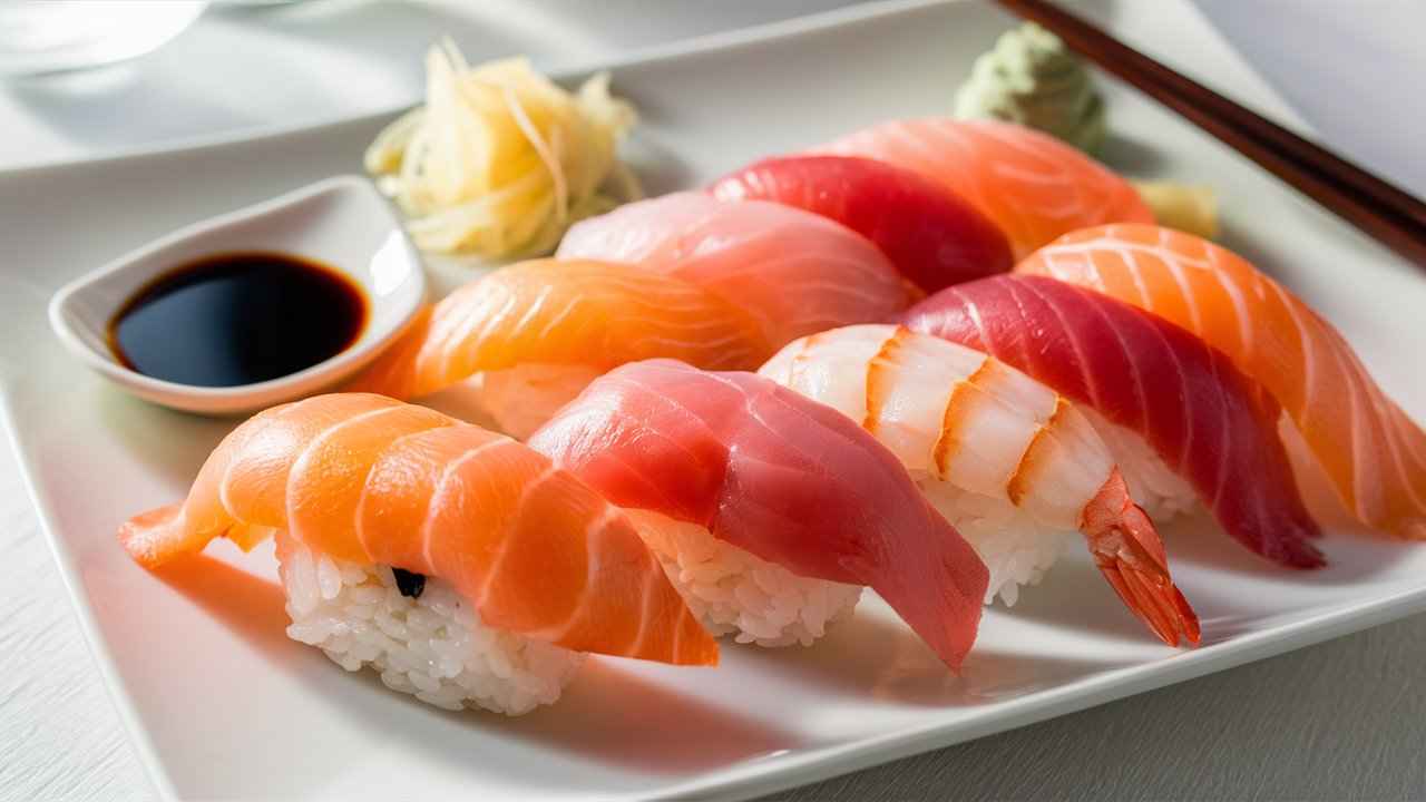 "Mixed platter of nigiri and sashimi with soy sauce, wasabi, and pickled ginger."