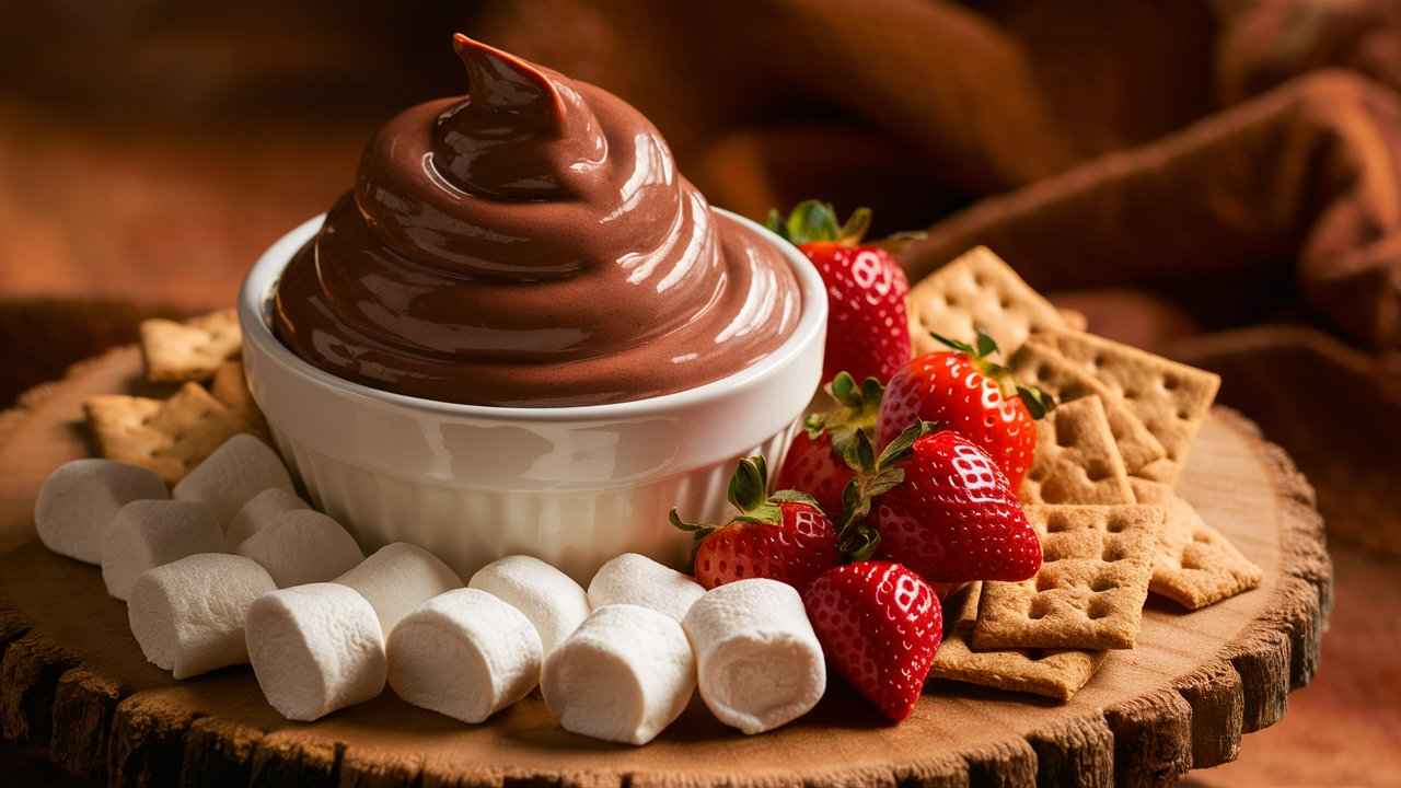 A bowl of rich chocolate fudge dessert dip surrounded by dippers