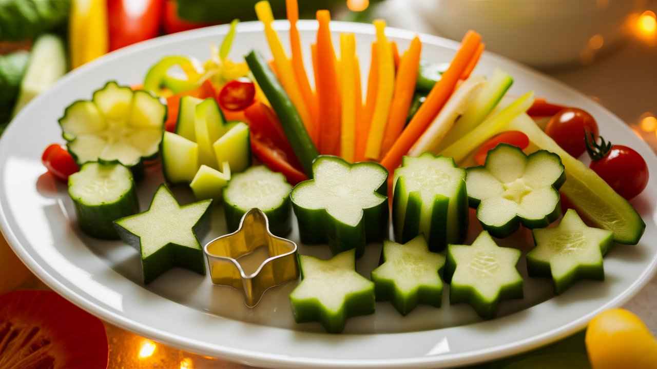 Cucumber slices cut into fun shapes like stars, hearts, and flowers arranged on a white platter with colorful vegetables