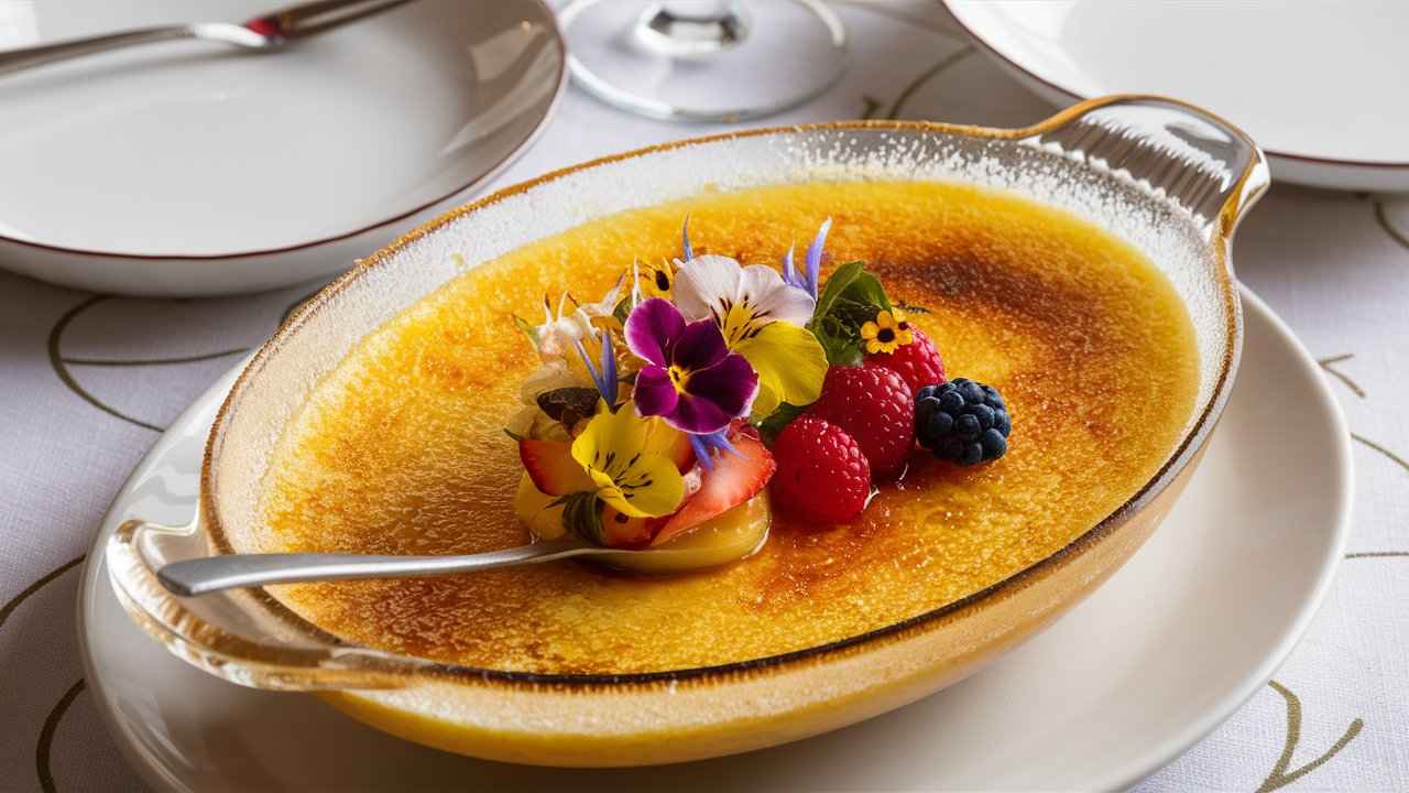 Crème brûlée served in an oven-safe glass dish with garnishes.