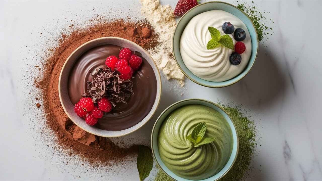 Three bowls of protein pudding in chocolate, vanilla, and matcha flavors, garnished with berries and mint