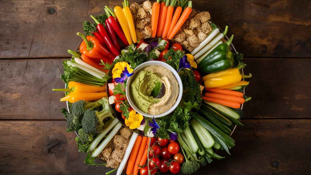 A party veggie tray featuring fresh vegetables like carrots, bell peppers, cucumbers, and broccoli in a circular pattern with guacamole and hummus