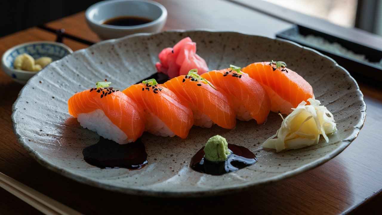 "Beautifully plated salmon nigiri with soy sauce, wasabi, and pickled ginger."