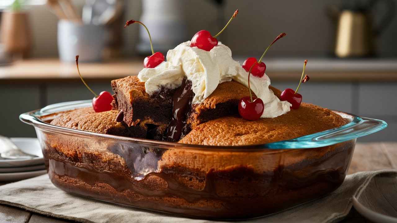 Delicious chocolate dump cake topped with whipped cream and cherries.