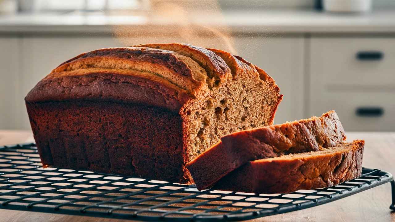 Golden-brown, perfectly baked banana bread loaf with a sliced piece showing the moist texture, surrounded by ripe bananas