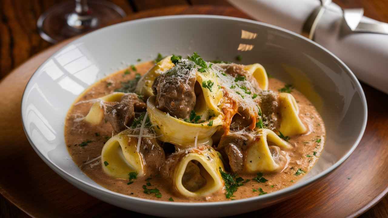 A plated bowl of Cheesesteak Tortellini in Rich Provolone Sauce, garnished with parsley and grated cheese on a wooden table