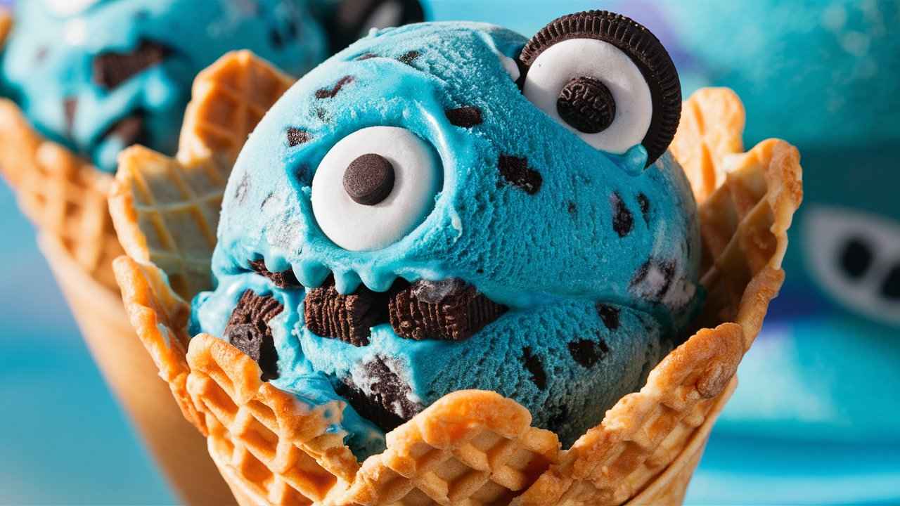 Bright blue Cookie Monster Ice Cream scoop with cookie chunks