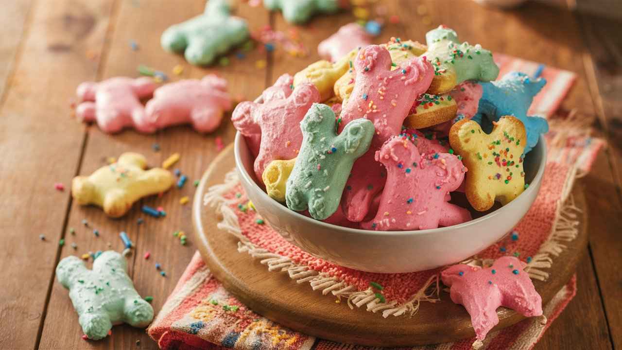 A bowl of iced animal crackers with colorful frosting and sprinkles.