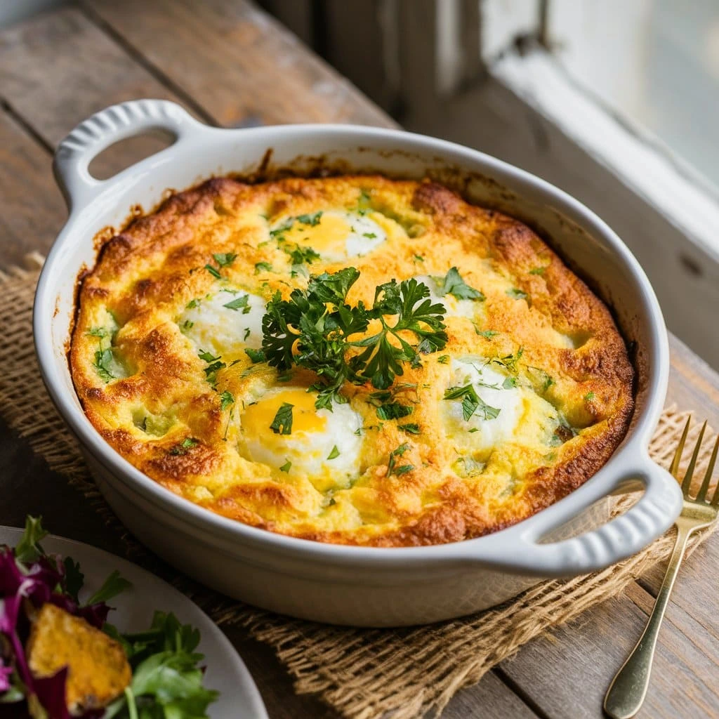 An oven-fresh cottage cheese egg bake in a ceramic dish garnished with parsley, served on a wooden table with a side salad.