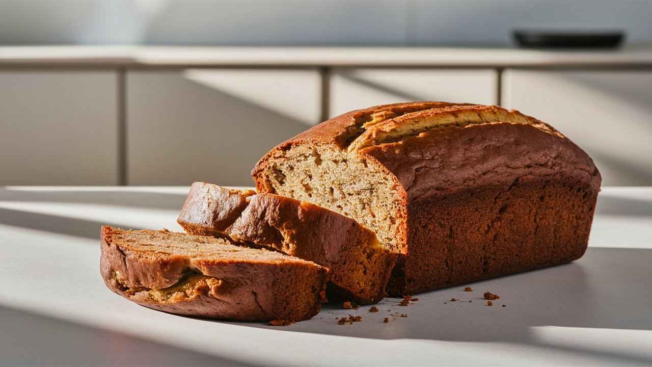 Freshly baked loaf of banana bread on a cooling rack, golden brown with a soft, moist crumb