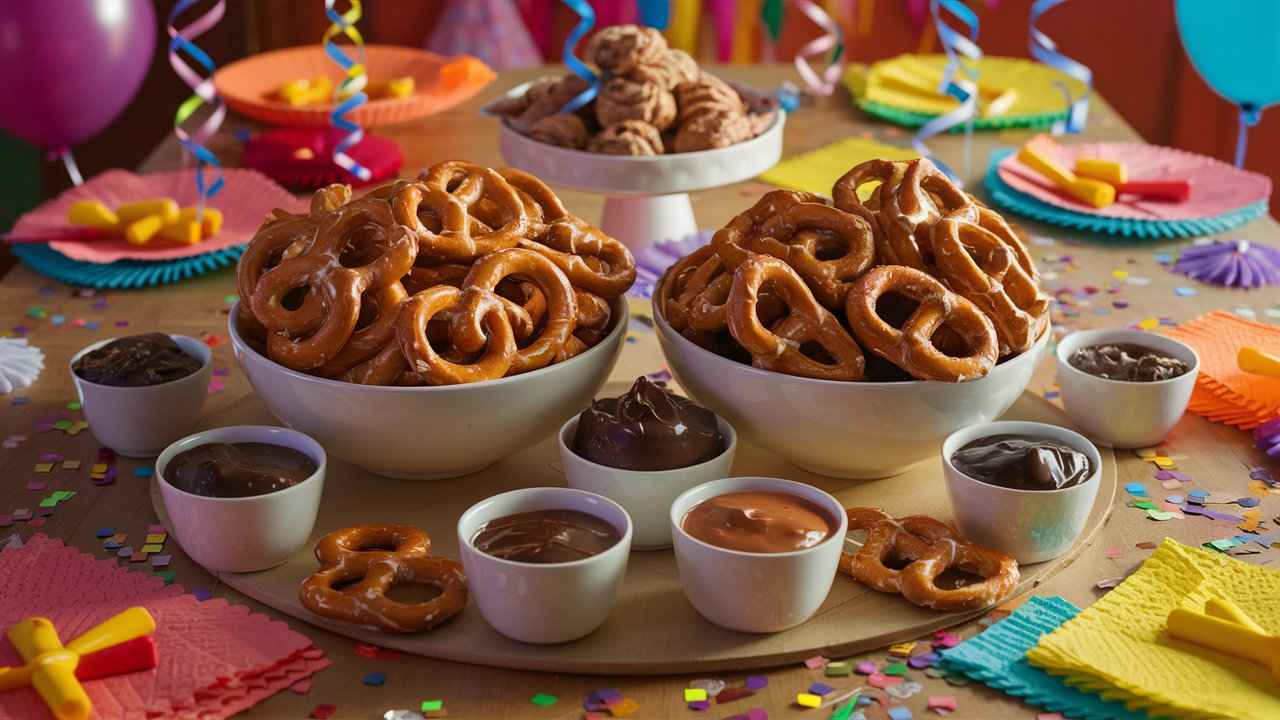 Peanut butter pretzels served in bowls with dips at a festive party table.