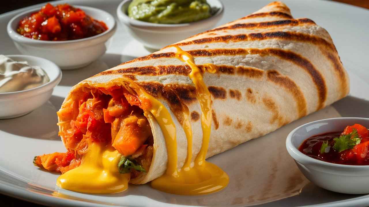 A freshly grilled cheese burrito showcasing a crispy, cheesy exterior.