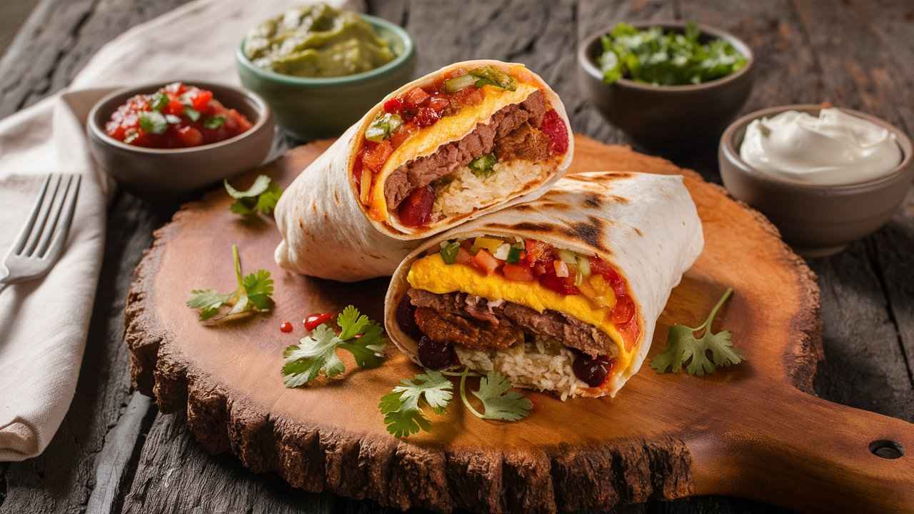 A grilled cheese burrito sliced in half, revealing the colorful filling.