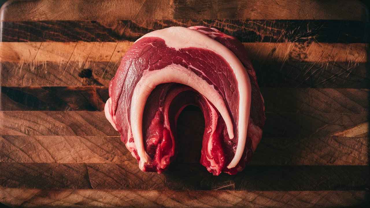 Raw beef tongue on a butcher's cutting board with detailed texture