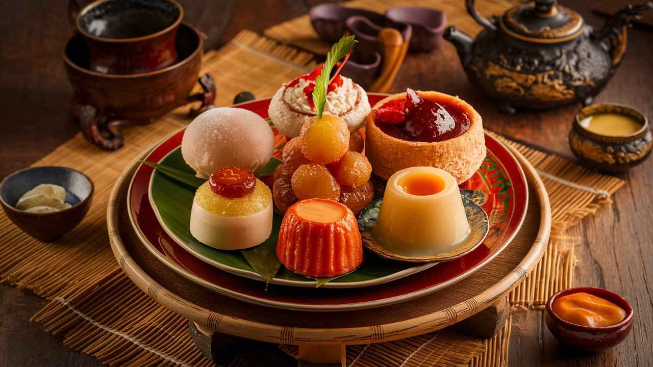 A vibrant display of popular Asian desserts on a traditional table setting.