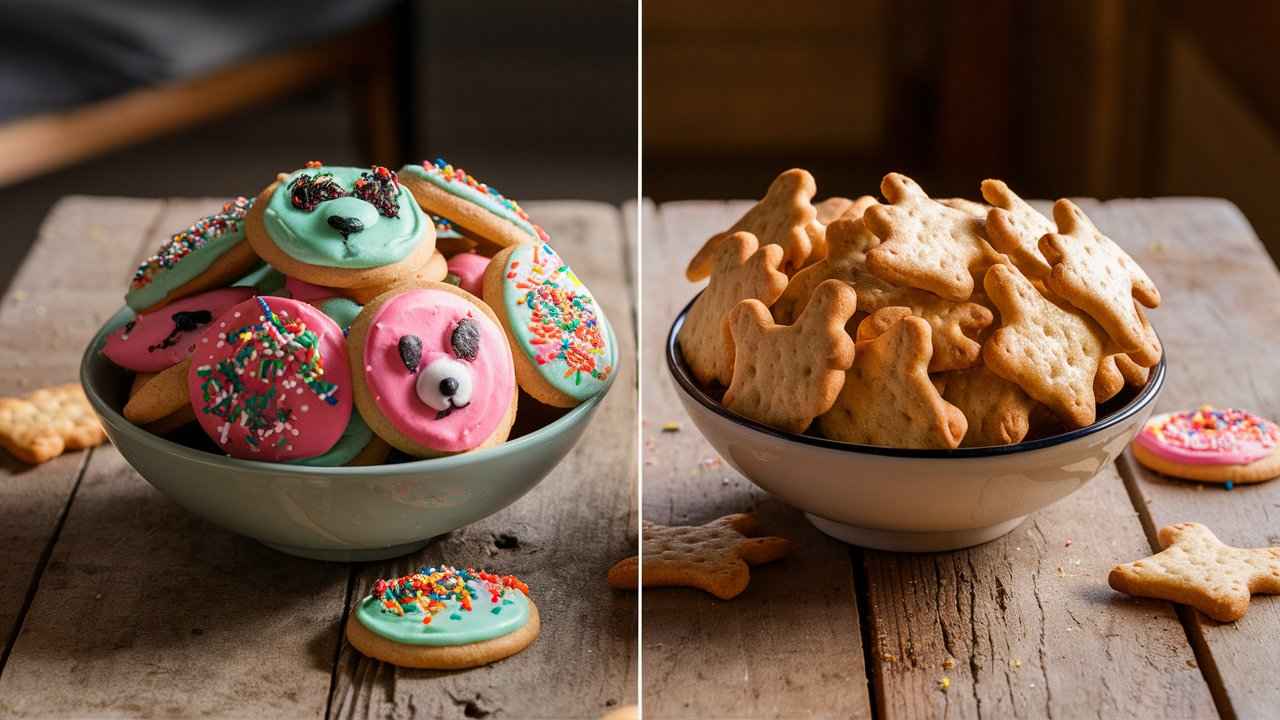 A bowl of frosted animal cookies next to a bowl of animal crackers.