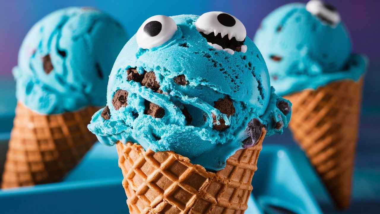 A vibrant scoop of Cookie Monster ice cream with visible cookie chunks on a waffle cone.