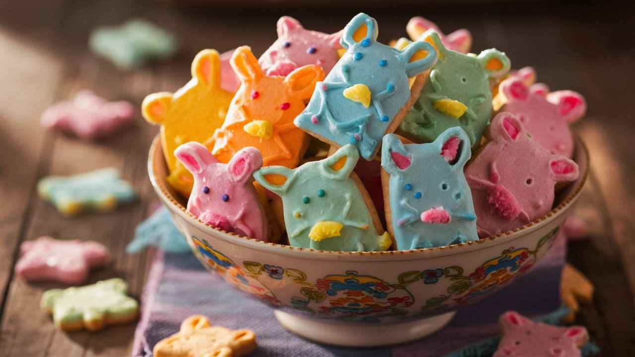 A colorful bowl of frosted animal crackers with sprinkles.