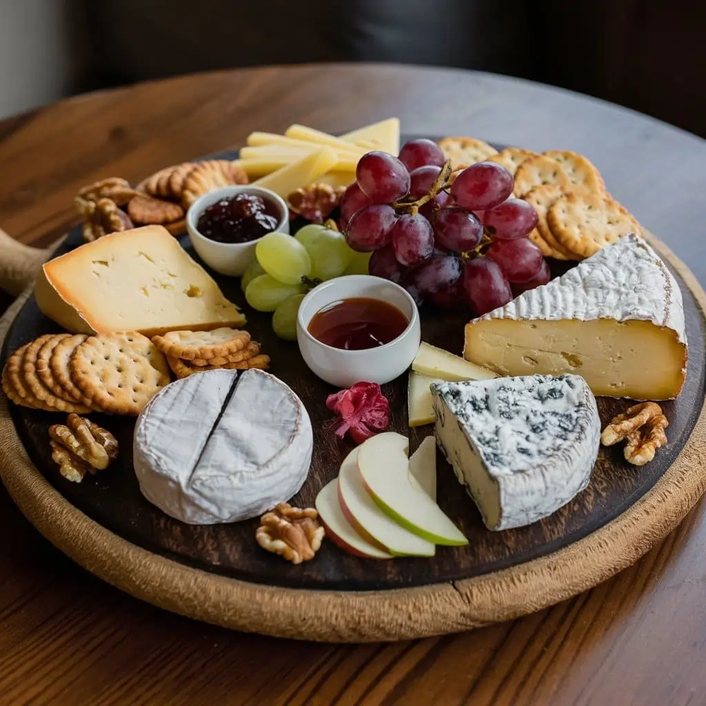 A rustic cheese and cracker tray on a wooden board with Brie, aged cheddar, Gouda, and blue cheese, surrounded by crackers, grapes, apple slices, walnuts, and small bowls of honey and fig jam, set on a cozy dining table.