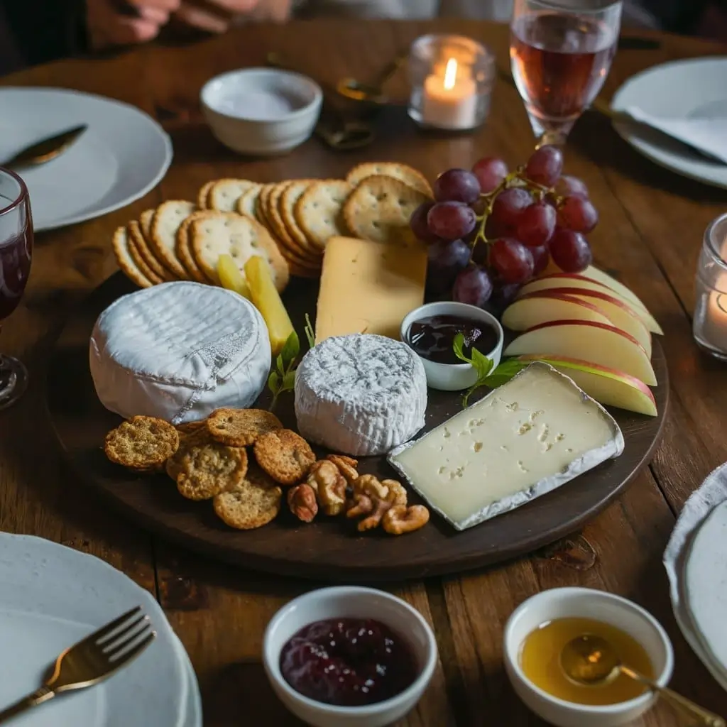 A rustic wooden cheese and cracker tray featuring Brie, cheddar, blue cheese, assorted crackers, grapes, apple slices, almonds, walnuts, and small bowls of fig jam and honey.