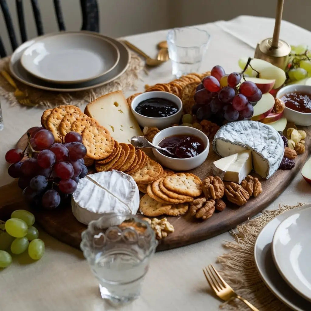 A rustic cheese and cracker tray on a wooden board with Brie, cheddar, blue cheese, assorted crackers, grapes, apple slices, almonds, walnuts, and small bowls of fig jam and honey, set on a cozy dining table.