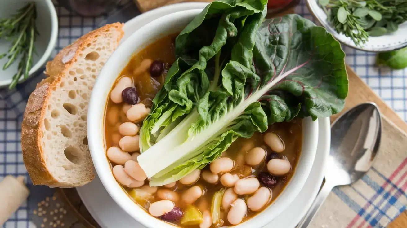 A bowl of steaming escarole and bean soup served with crusty bread.