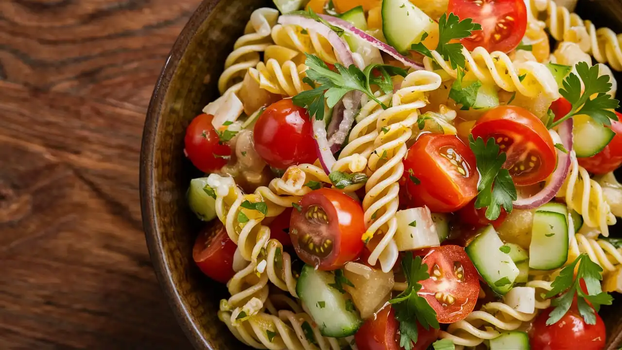 A vibrant pasta salad with a balance of colorful vegetables, herbs, and dressing.