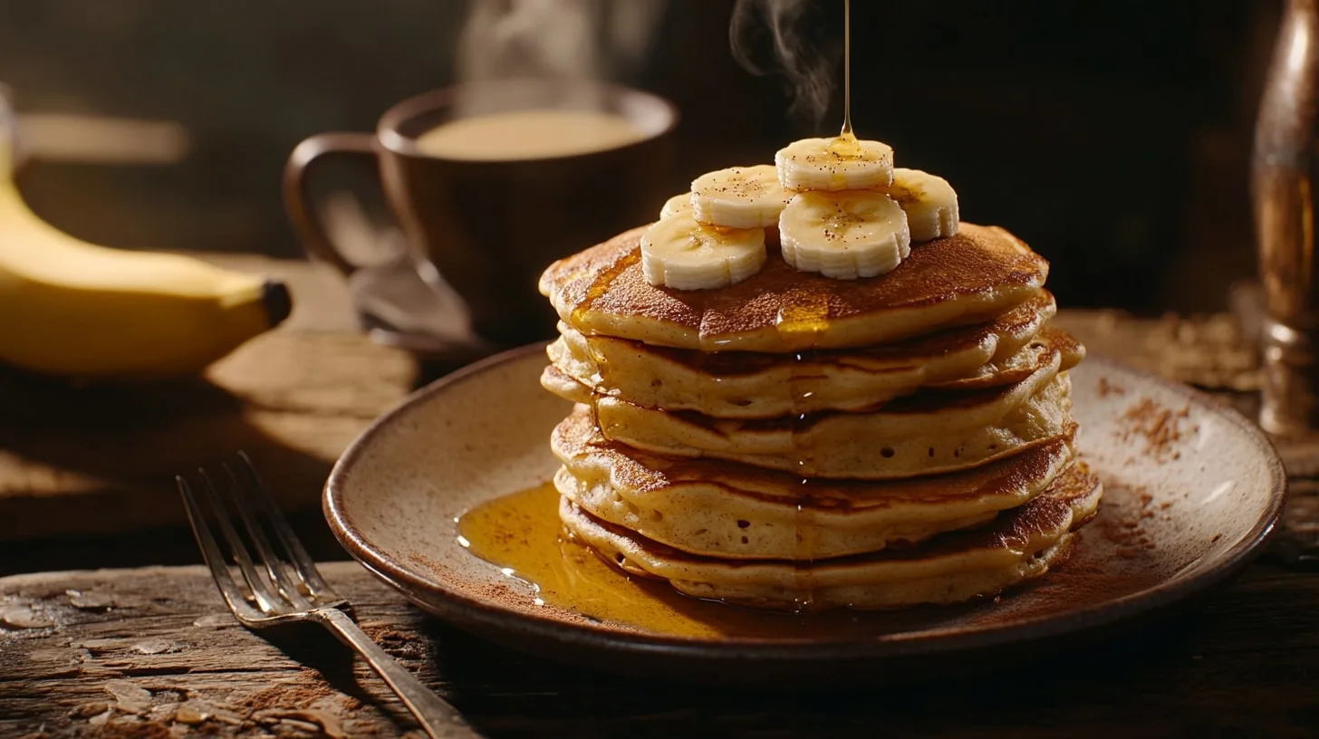 Are Banana Pancakes Healthier Than Regular Pancakes?.A stack of golden banana pancakes with banana slices and honey on a rustic breakfast table