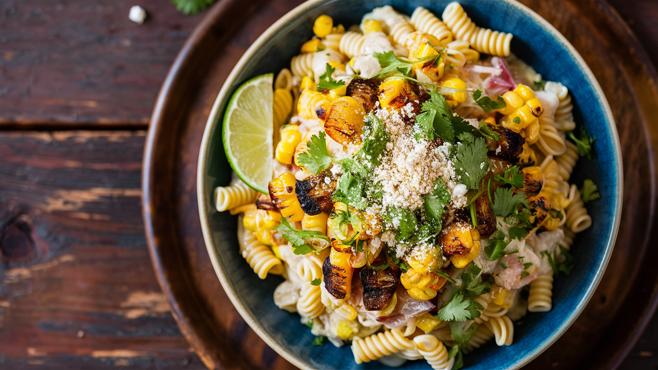 Elote pasta salad garnished with Cotija cheese and lime.