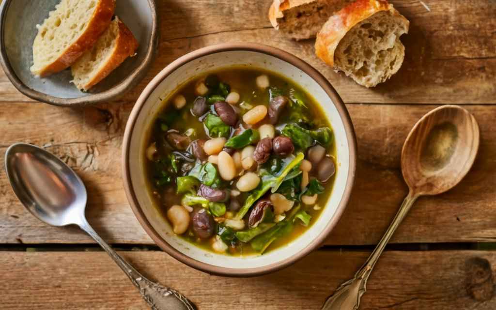 Fresh Escarole Leaves And A Bowl Of White Beans On A Rustic Wooden Table.